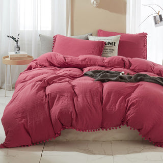 Ensemble de housse de couette à franges à pompons doux au toucher, literie douce et chic avec détails ludiques