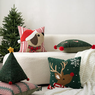 Coussin étoile de Noël en velours côtelé avec pompons, décoration festive des fêtes