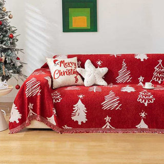Housse de canapé en chenille Merry Christmas, rouge festif, avec motif arbre et étoile, pour décoration de Noël