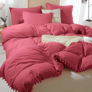 Ensemble de housse de couette à franges à pompons doux au toucher, literie douce et chic avec détails ludiques